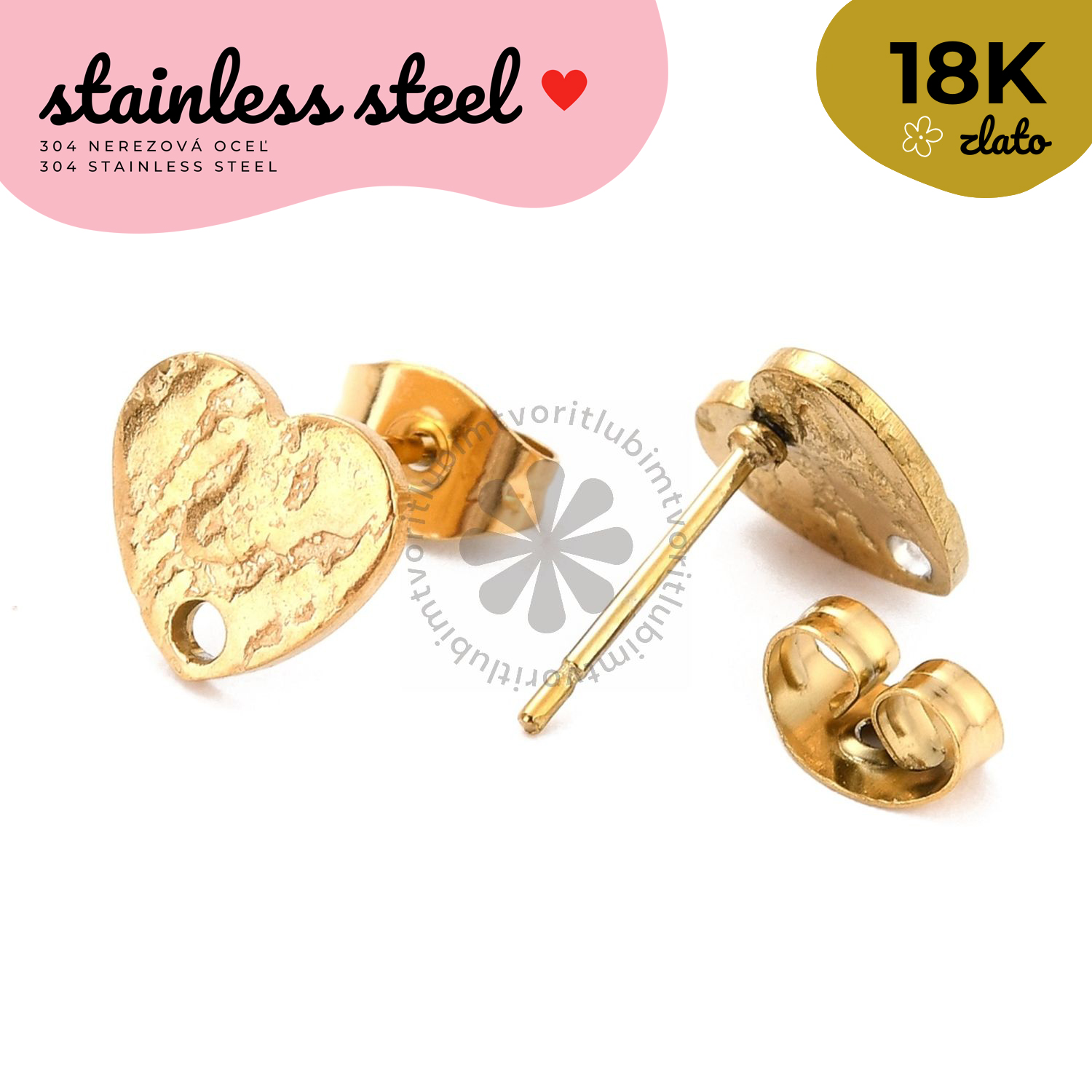 Náušnicové puzetky srdce, 12x9 mm - 1 pár