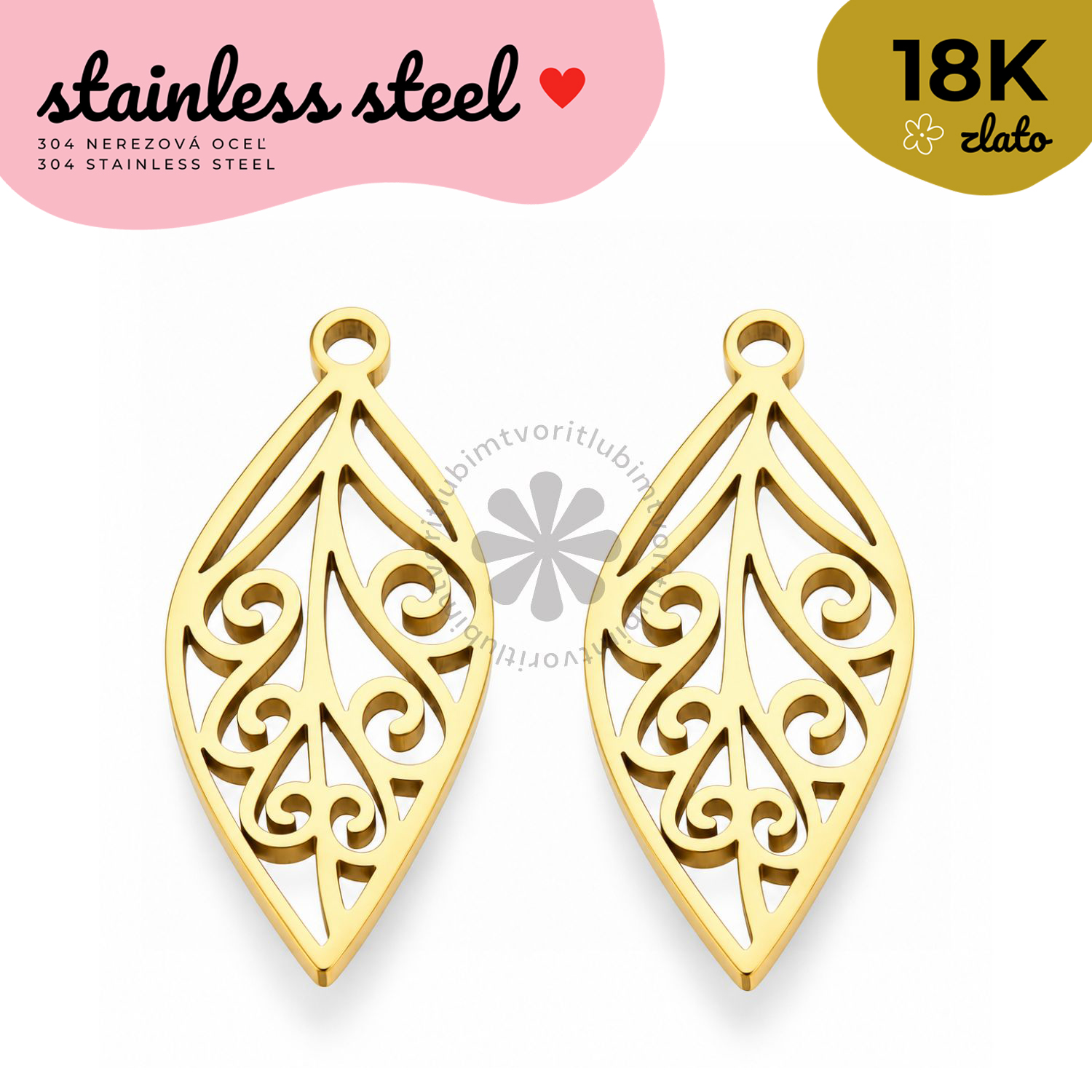 Prívesok z 304 nerezovej ocele – lístok, 25×10 mm - 1 ks